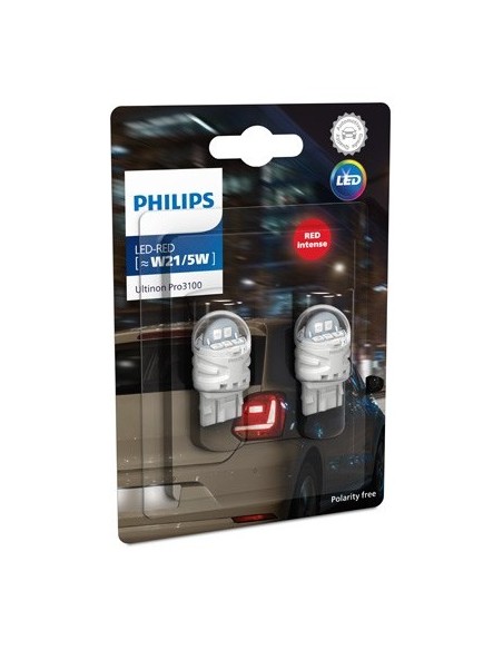 2 db piros LED autós izzó W21/5W Philips Ultinon Pro3100 SL féklámpa / hátsó lámpa