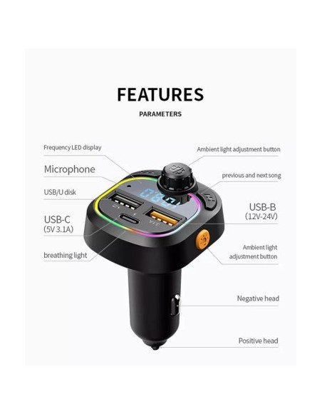 FM Модулатор 12-24V Bluetooth 5.0 с функция за бързо зареждане Fast Charge 3.0 и USB C порт - C28