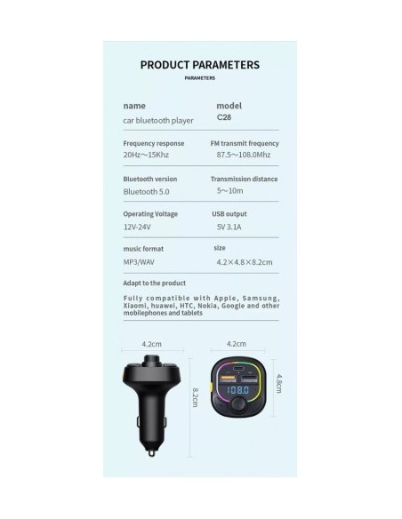 FM Modulator 12-24V Bluetooth 5.0 with Fast Charge 3.0 Car Charger Function and USB C Port - C28