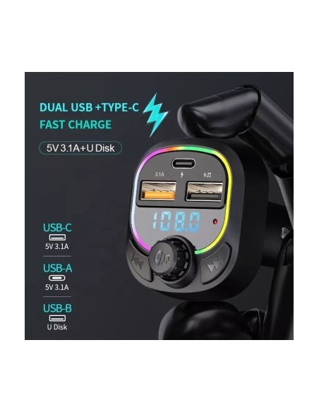 FM Modulator 12-24V Bluetooth 5.0 with Fast Charge 3.0 Car Charger Function and USB C Port - C28