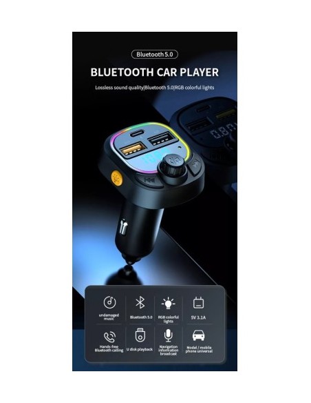 FM Modulator 12-24V Bluetooth 5.0 with Fast Charge 3.0 Car Charger Function and USB C Port - C28