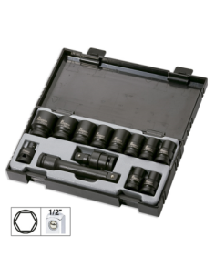 13-Piece 1/2` Hexagonal Impact Socket Set + Adapter