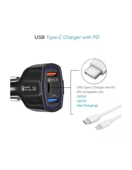 Φορτιστής αυτοκινήτου 12-24V Fast Charge με θύρα USB, PD(Type-C) και QC3.0 - BK350