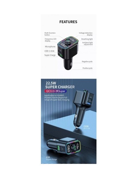 FM Modulator 12-24V Bluetooth 5.0 with car charger function 22W Super Charge - C23