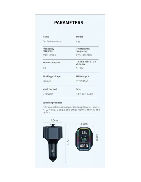 FM Modulator 12-24V Bluetooth 5.0 autós töltő funkcióval 22W Super Charge - C23