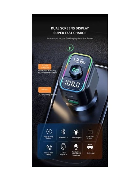 FM Modulator 12-24V Bluetooth 5.0 autós töltő funkcióval 22W Super Charge - C23