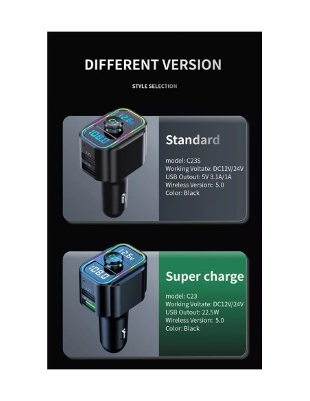 FM Modulator 12-24V Bluetooth 5.0 with car charger function 22W Super Charge - C23