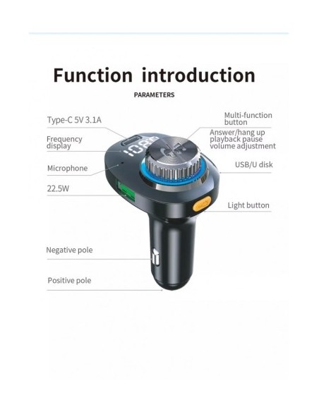 Modulator FM 12-24V Bluetooth 5.0 με λειτουργία φορτιστή αυτοκινήτου 22W Fast Charge 3.0 και θύρα USB C - C19