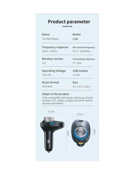 Modulator FM 12-24V Bluetooth 5.0 με λειτουργία φορτιστή αυτοκινήτου 22W Fast Charge 3.0 και θύρα USB C - C19