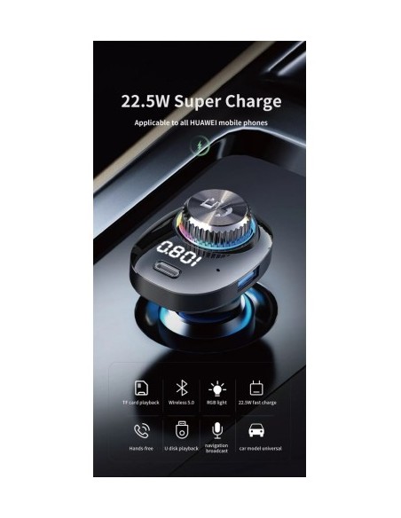 FM Modulator 12-24V Bluetooth 5.0 with car charger function 22W Fast Charge 3.0 and USB C port - C19