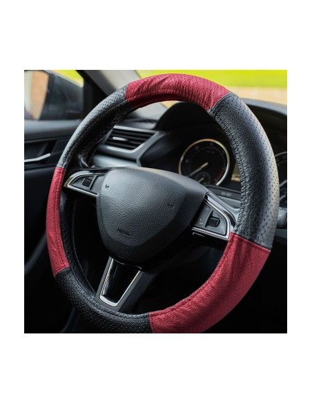 Genuine Leather Perforated Steering Wheel Cover Red 37-39 cm