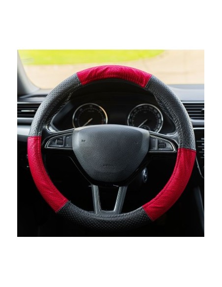 Genuine Leather Perforated Steering Wheel Cover Red 37-39 cm