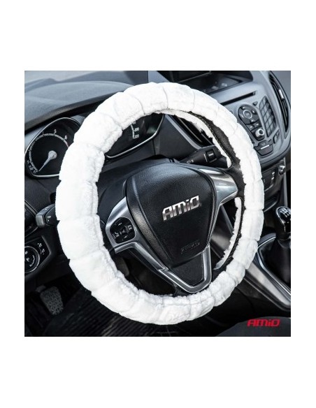Plüss kormányvédő huzat, fehér, 37-39 cm, Amio