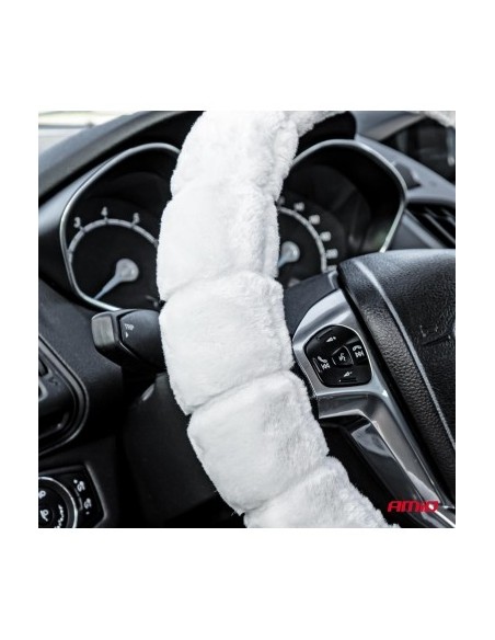 Plüss kormányvédő huzat, fehér, 37-39 cm, Amio