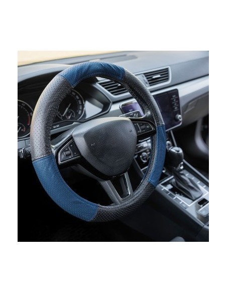 Perforated Natural Leather Steering Wheel Cover Blue 37-39 cm