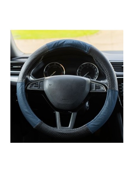 Perforated Natural Leather Steering Wheel Cover Blue 37-39 cm