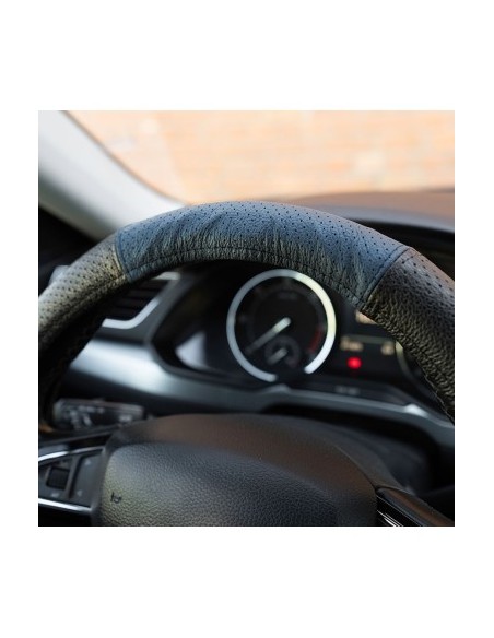 Perforated Natural Leather Steering Wheel Cover Blue 37-39 cm
