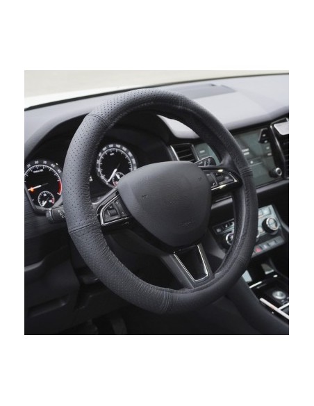 Black Perforated Natural Leather Steering Wheel Cover 44-46 cm