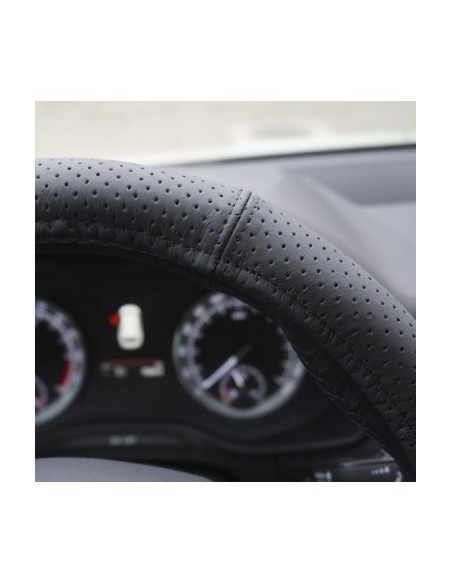 Black Perforated Natural Leather Steering Wheel Cover 44-46 cm