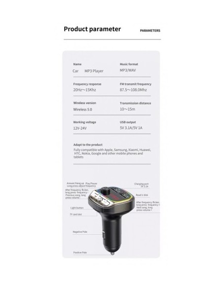 FM Modulator 12-24V Bluetooth 5.0 with Fast Charge Car Charger Function - C21