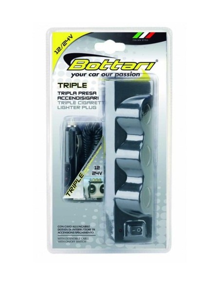 Triple socket with extension cable and switch 12V/24V Bottari