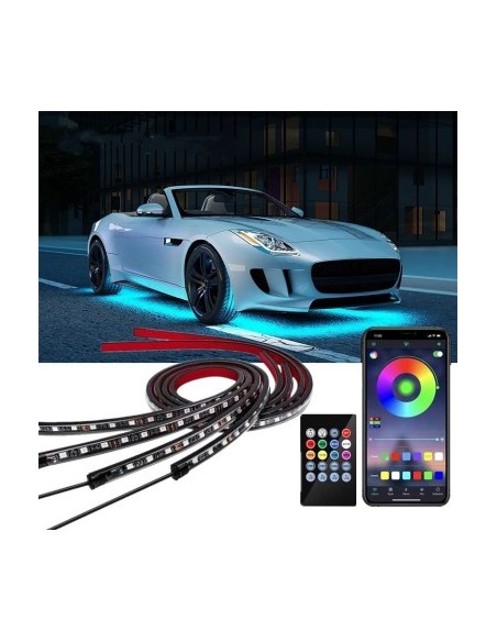 Kit Φωτισμού κάτω από το αυτοκίνητο RGB πολύχρωμο με τηλεχειριστήριο και εφαρμογή για κινητό 12V, 2x90cm και 2x60cm