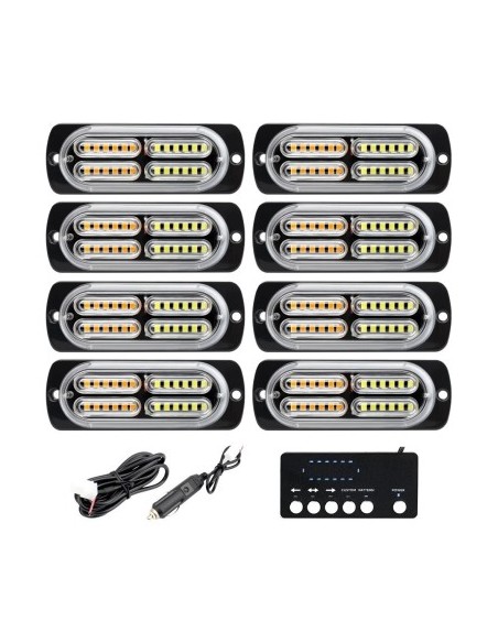 Kit of 8 Orange Strobe Lights 12/24V with Wired Remote Control