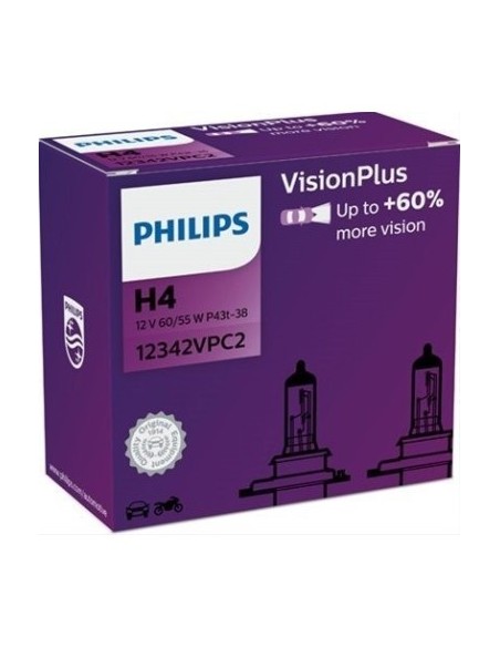 SET OF 2 H4 HEADLIGHT BULBS 60/55W 12V VISIONPLUS PHILIPS