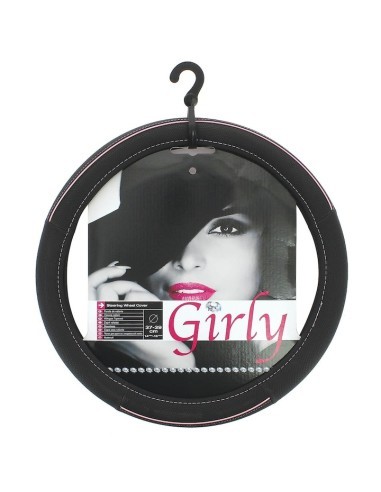 Black Leather Steering Wheel Cover with Pink...