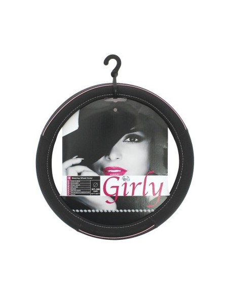 Black Leather Steering Wheel Cover with Pink 37-39cm
