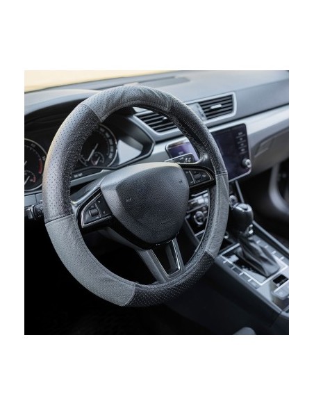 Perforated Natural Leather Steering Wheel Cover Gray 37-39 cm