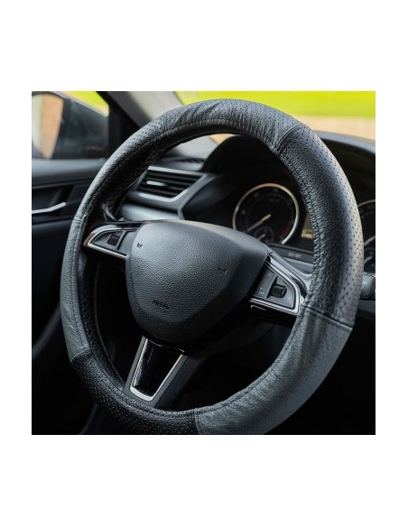 Perforated Natural Leather Steering Wheel Cover Gray 37-39 cm