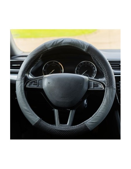 Perforated Natural Leather Steering Wheel Cover Gray 37-39 cm