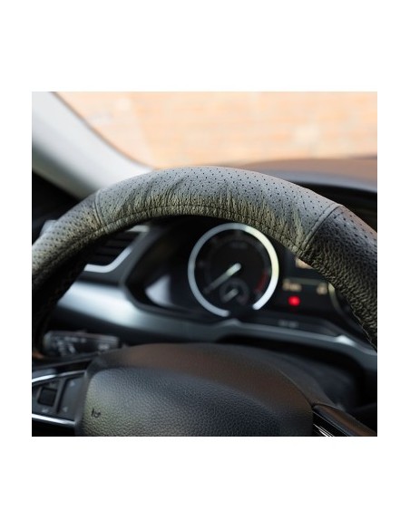 Perforated Natural Leather Steering Wheel Cover Gray 37-39 cm