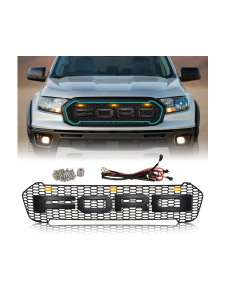 Mat black radiator grille with orange LED for Ford Ranger T8 2019-2022