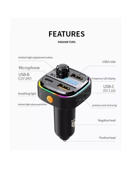 FM Modulator 12-24V Bluetooth 5.0 Gyors Töltés 3.0 autós töltő funkcióval és USB C porttal - C26