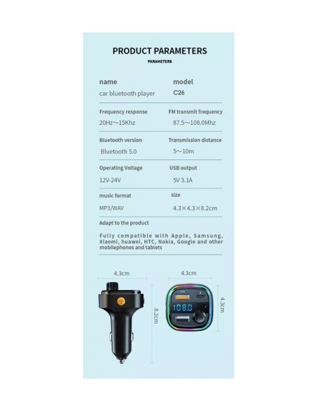 FM Modulator 12-24V Bluetooth 5.0 Gyors Töltés 3.0 autós töltő funkcióval és USB C porttal - C26
