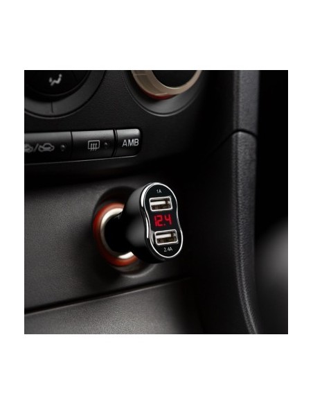 Car cigarette lighter charging adapter 2 x USB, with voltmeter and ammeter Black
