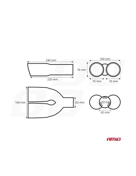 Rozsdamentes acél kipufogó dísz, két kimenettel 32-52mm, Hossz 240mm