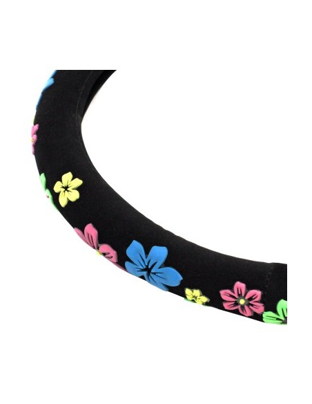 Black Textile Steering Wheel Cover with Flowers 37-39cm