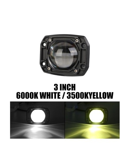 LED Offroad Car Projector with Two Colors (White+Yellow) 30W/12V-24V, 1500 Lumens, Recessed, Flood Beam 90 Degrees