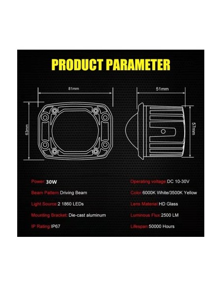 LED Offroad Car Projector with Two Colors (White+Yellow) 30W/12V-24V, 1500 Lumens, Recessed, Flood Beam 90 Degrees