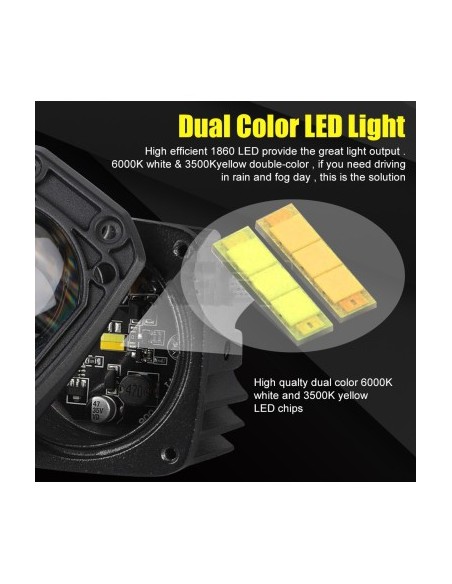LED Offroad Car Projector with Two Colors (White+Yellow) 30W/12V-24V, 1500 Lumens, Recessed, Flood Beam 90 Degrees