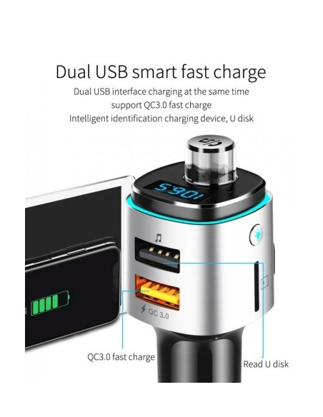 FM Modulator 12-24V Bluetooth 5.0 with Super Charge 3.0 car charger function and USB C port - BC42