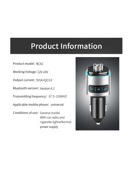 FM Modulator 12-24V Bluetooth 5.0 with Super Charge 3.0 car charger function and USB C port - BC42