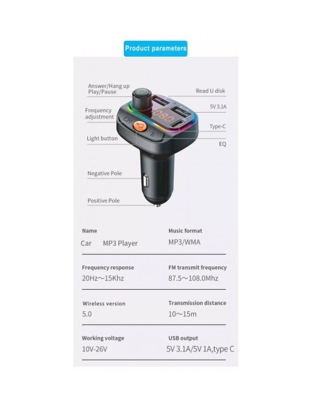 FM Modulator 12-24V Bluetooth 5.0 with Fast Charge 3.0 car charger function and USB C port - C15