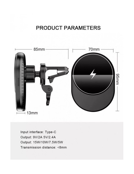 MagSafe Magnetic Car Mount with Wireless Charging 15W Fast Charge Qi Standard QC3.0 - CWCPH-D11