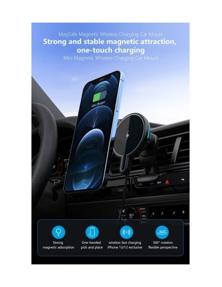 Magnetic car mount MagSafe with wireless charging 15W Fast Charge QC3.0 Qi Standard - CWCPH-D9