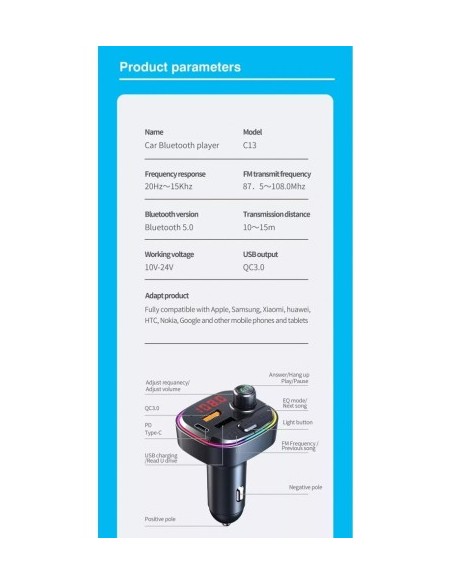 FM Modulator 12-24V Bluetooth 5.0 with Fast Charge 3.0 car charger function and USB C port - C13