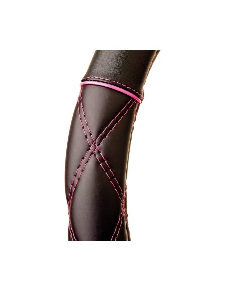 Black leather steering wheel cover with pink stitching 37-39cm